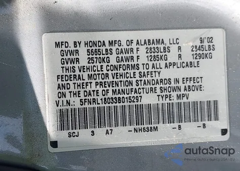 2003 Honda Odyssey Ex-L z USA, uszkodzony, nr VIN 5FNRL18033B015297